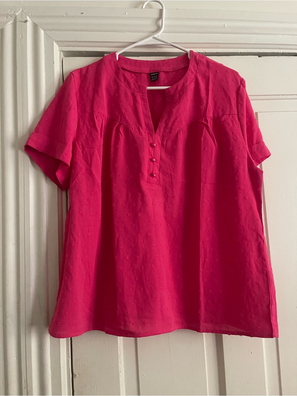 SHEIN Bright Pink Short-Sleeve Button Henley Blouse